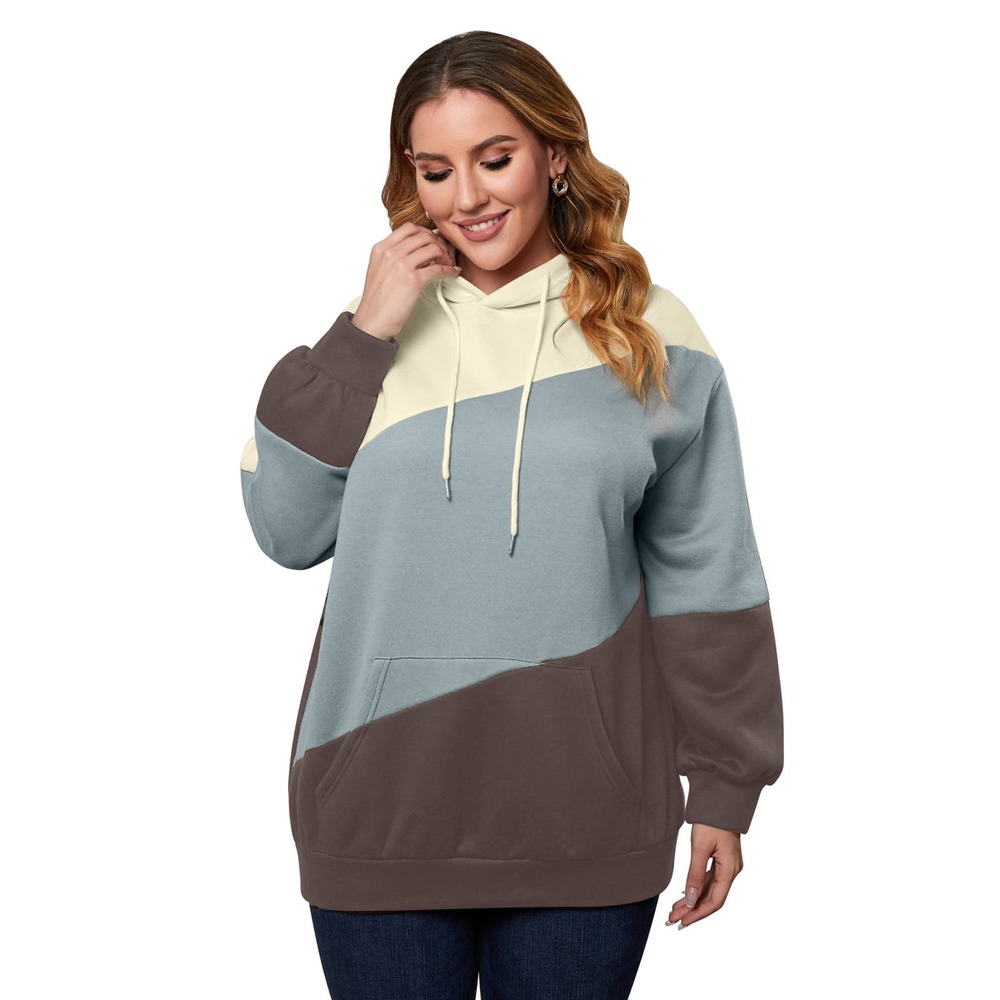 BROWN CREAM GRAY KANGAROO POCKET DRAWSTRING HOODIE SIZE 2X (18-20)